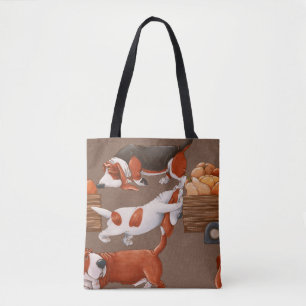 Bolsa Tote Basset Hound dogs are carrying a cart with pumpkin