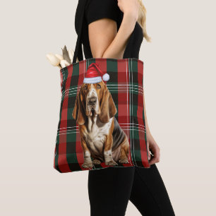 Bolsa Tote Basset Hound Natal Cachorro Vermelho Xadrez Sazona