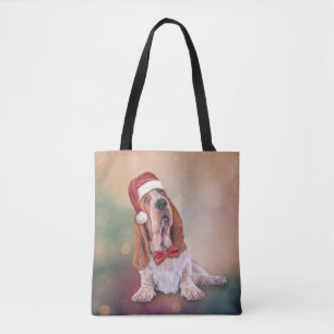 Bolsa Tote Basset Hound no chapéu vermelho de Papai Noel