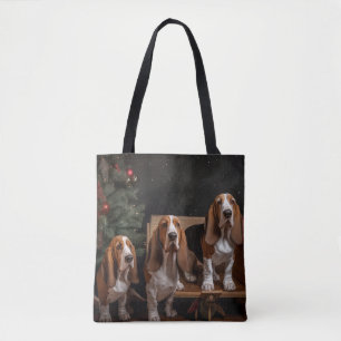 Bolsa Tote Basset Hound Snowy Sleigh Decência de Natal