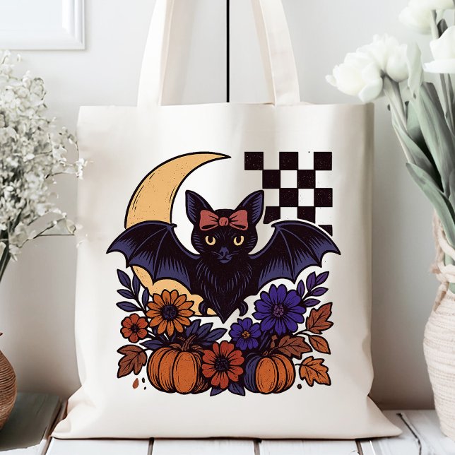 Bolsa Tote Bat De Halloween Com Estética Gótica Da Lua (This retro Halloween bat design captures spooky charm with a gothic twist.)