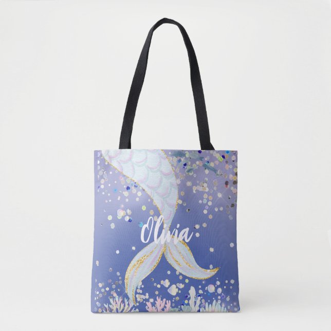 Bolsa Tote Bateria De Sereia Com Glitter Whimsical Sob O Mar (Frente)