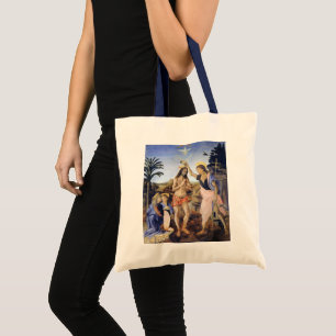 Bolsa Tote Batismo de Cristo por Verrocchio, Leonardo da Vinc