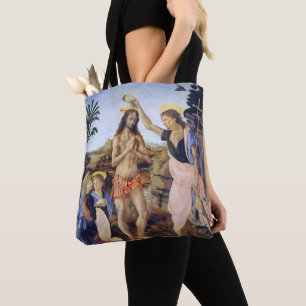 Bolsa Tote Batismo de Cristo por Verrocchio, Leonardo da Vinc