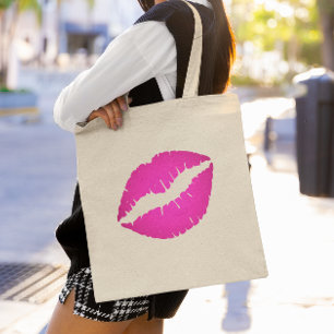 Bolsa Tote Batom Hot Pink Ombre Impressão de Beijo