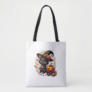 Bolsa Tote Bats Black Cat Witch Hat Wand Pumpkin Cute Hallowe