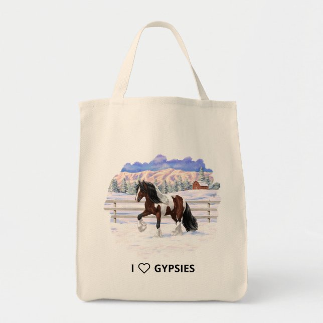 Bolsa Tote Bay Pinto Gypsy Vanner Draft Horse Na Neve (Frente)