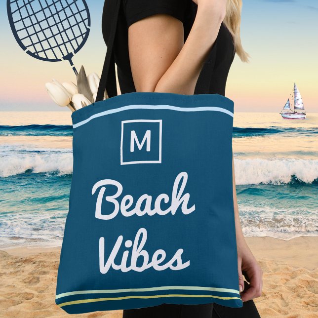 Bolsa Tote Beach Vibes Marinho Blue Ocean Summer Chic Monogra (A nautical tote bag in blue with monogram and stripes, and 'Beach Vibes' in script typography)
