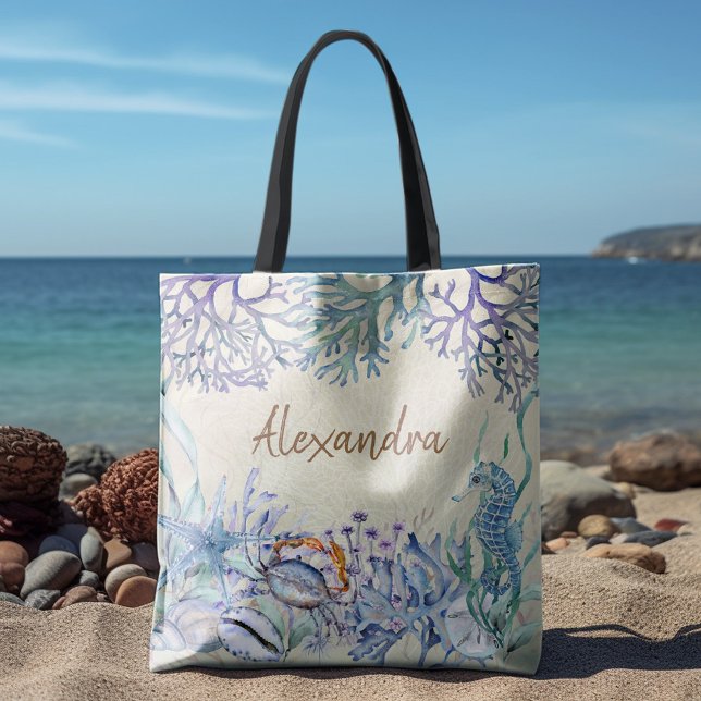 Bolsa Tote Beach Watercolor Sea Life Personalizada (Criador carregado)