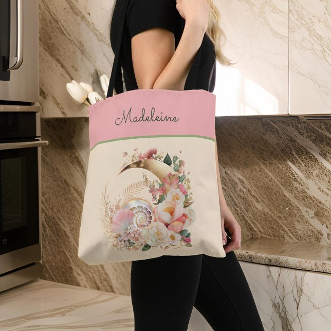 Bolsa Tote Beachy Moon Flowers e Nautilus Shell Monograma (Criador carregado)