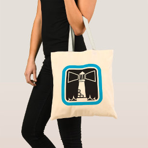 Bolsa Tote Beacon de farol preto com ícone de ondas do oceano