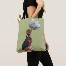 Bolsa Tote Beagle Puppy Cheirando Rosa Branca