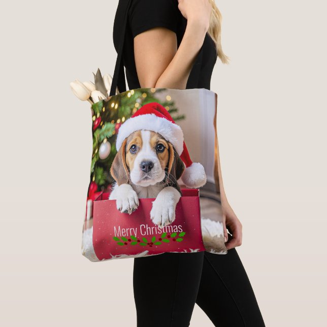 Bolsa Tote Beagle Puppy Christmas Design, (Close Up)