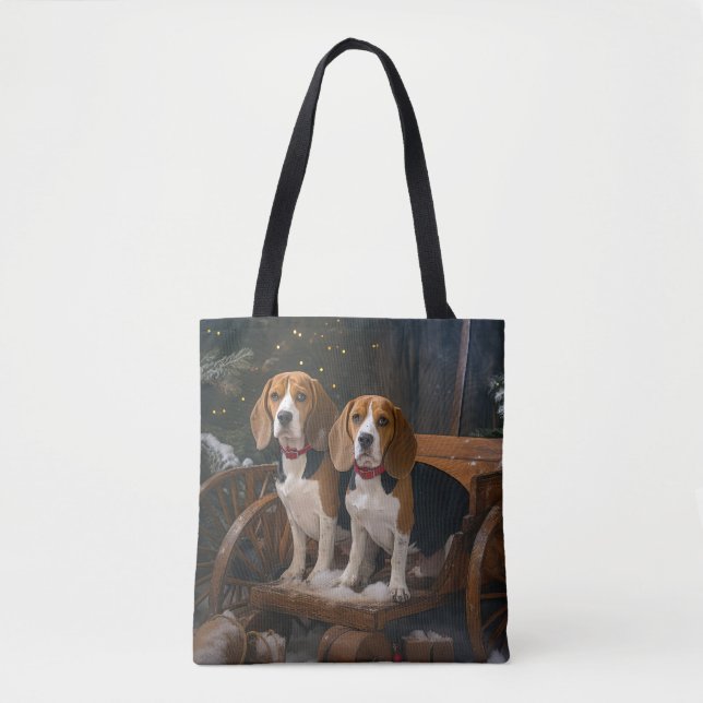 Bolsa Tote Beagle Sleigh Natal Decoração Nevada (Frente)