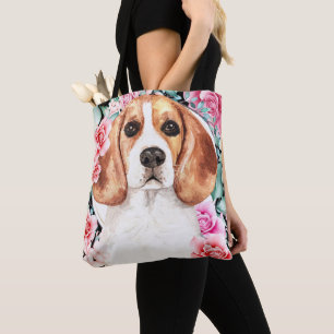Bolsa Tote Beagle watercolor dog face rosa wreath art