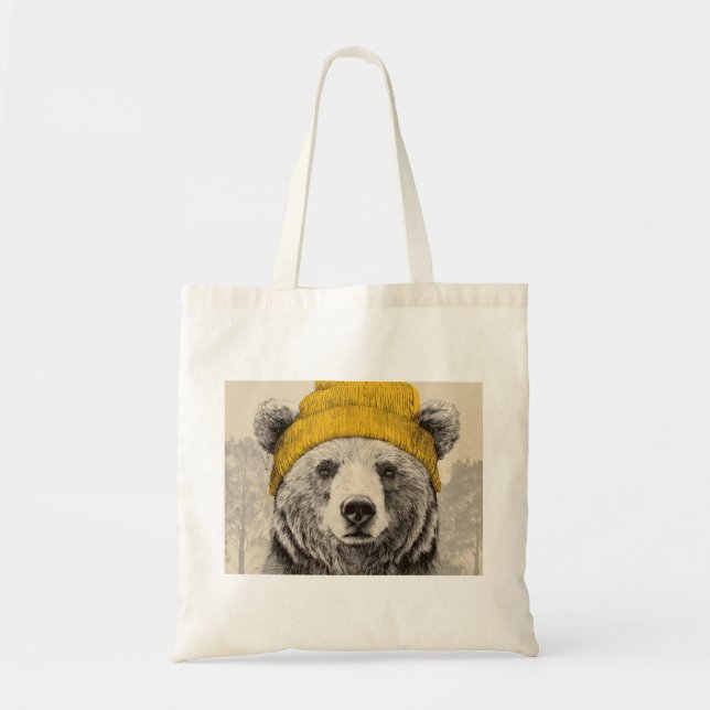 Bolsa Tote Bear in Yellow Beanie Rustic Woodland Animal  (Frente)