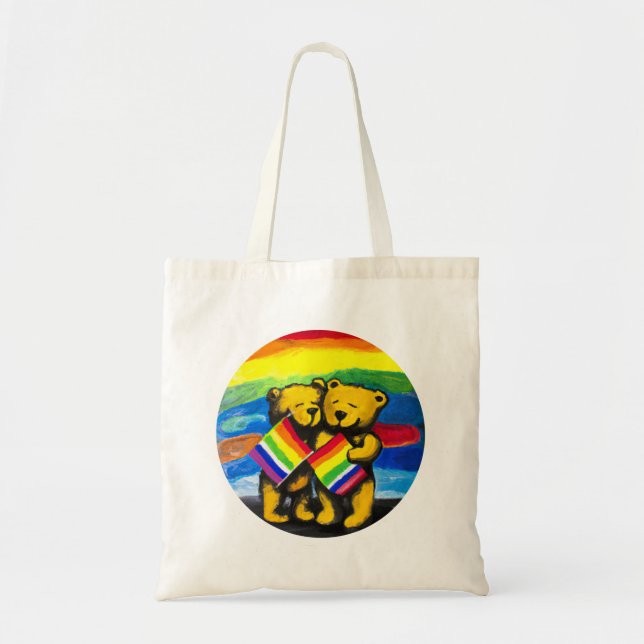 Bolsa Tote Bears Love Casal LGBT Sinalizador do arco-íris (Frente)