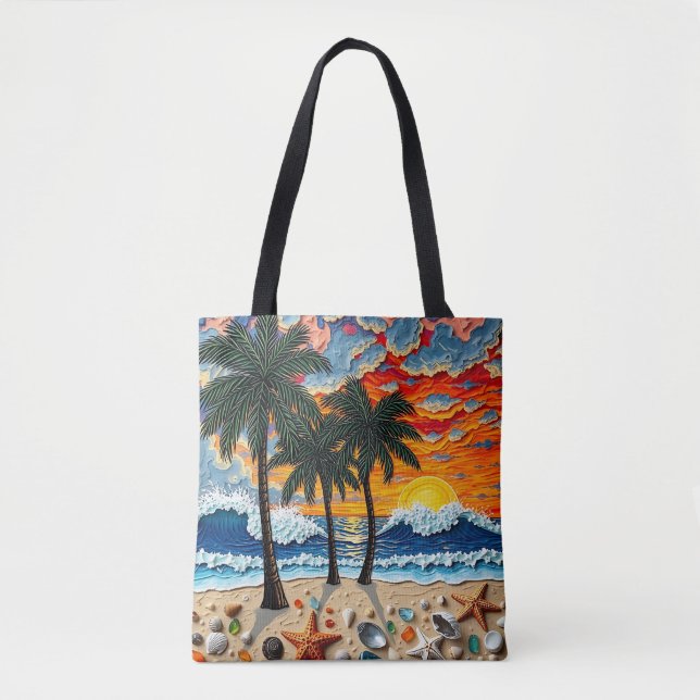 Bolsa Tote Beautiful Beach Scene with Palm Trees   (Frente)
