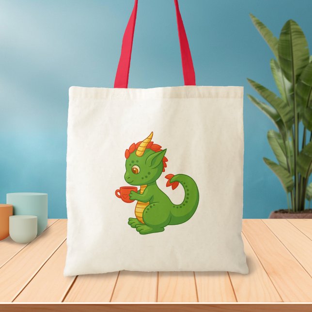 Bolsa Tote Bebê Dragão Fofo Segurando Xícara (Criador carregado)