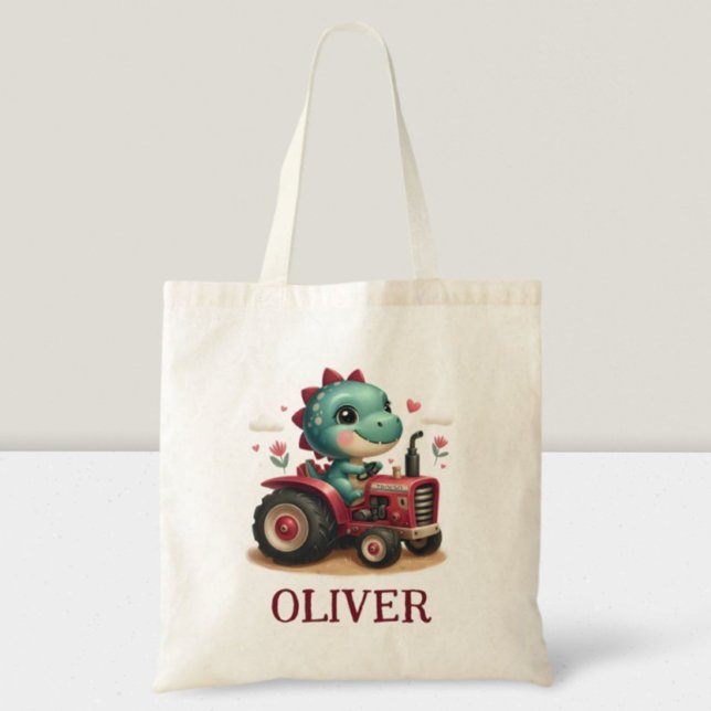 Bolsa Tote Bebê Fofo Trex Dinossauro Dirigindo Trator Vermelh (Criador carregado)