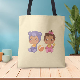 Bolsa Tote Bebê gêmeas ursos roxos macacão-boneco no dente