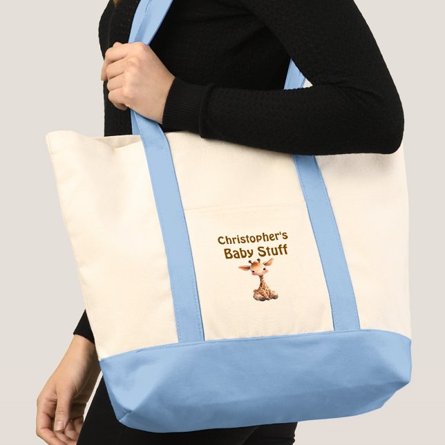 Bolsa Tote Bebê girafa fofa coisas nome azul marrom (Criador carregado)