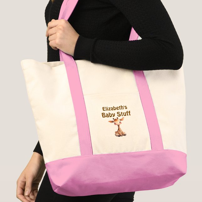 Bolsa Tote Bebê girafa fofa coisas nome rosa marrom (Criador carregado)