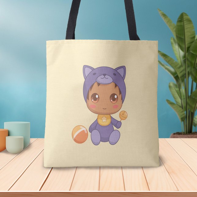 Bolsa Tote Bebê Menina Roxa Casaco de Gato Roxo em Amarelo (Criador carregado)