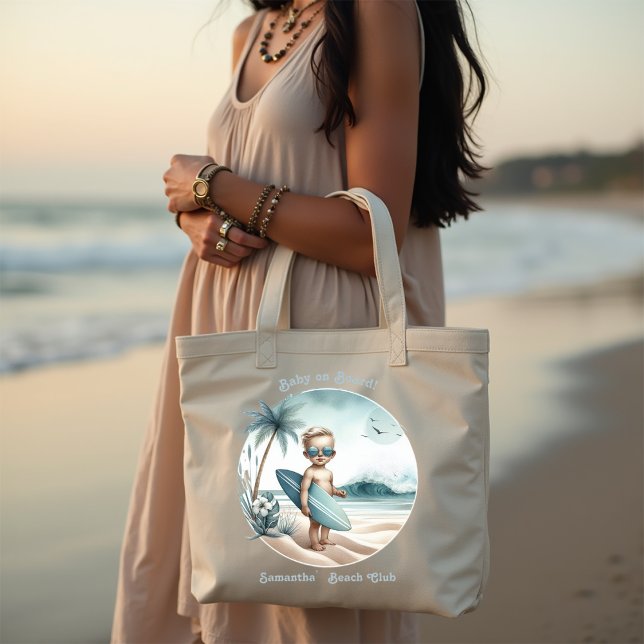 Bolsa Tote Bebê no Chá de fraldas de praia com Surf Conselho (Baby on Board Surf-Themed Beach Baby Shower Tote Bag)