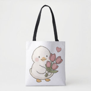 Bolsa Tote Bebê Pato Fofo Segurando Buquê de Tulipas Estética