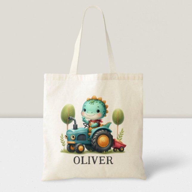 Bolsa Tote Bebê Trex Dinossauro Fofo em um Trator Azul  (Criador carregado)