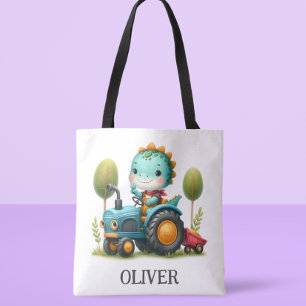 Bolsa Tote Bebê Trex Dinossauro Fofo em um Trator Azul