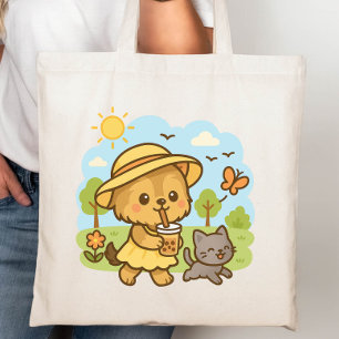 Bolsa Tote Bebendo de Cachorro Kawaii Cute Chá