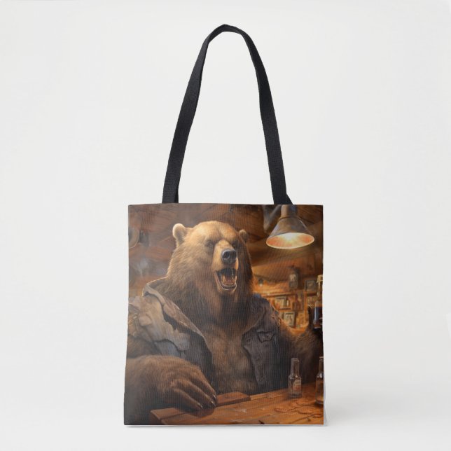 Bolsa Tote Bebendo de diversão animal do urso grizzle Feliz R (Frente)