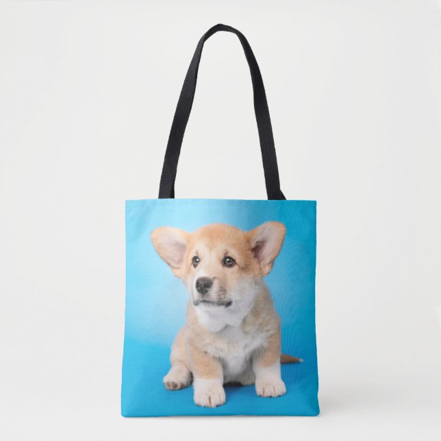 Bolsa Tote Bebês Mais Pobres | Corgi Puppy a azul (Frente)