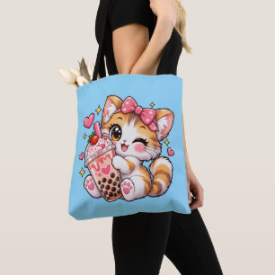 Bolsa Tote Bebida de Chá Boba Fofa Kawaii Gatinho Piscando