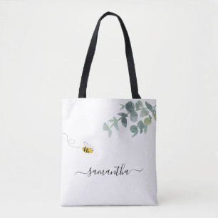 Bolsa Tote Bee eucalyptus greenery White name guião fofo