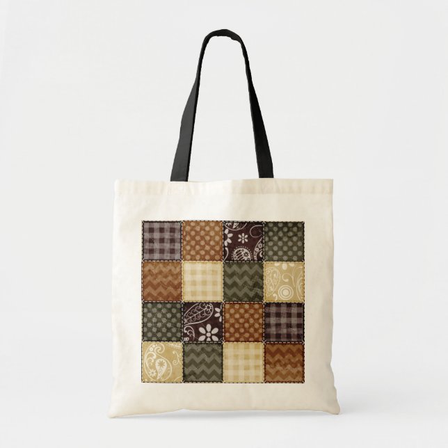 Bolsa Tote Beige, Dark Brown, and Olive Green Quilt look (Frente)