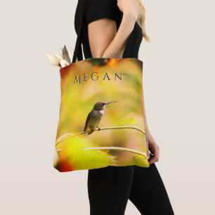 Bolsa Tote Beija-flor-branca com nome personalizado de girass