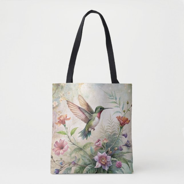 Bolsa Tote Beija-flor-branca nas flores (Frente)