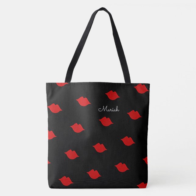Bolsa Tote beijos vermelhos com seu nome em preto (Frente)