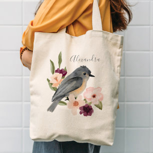Bolsa Tote Bela Boêmia Estilo Watercolor Pássaro e Ramo