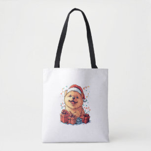 Bolsa Tote Bela Vaca Santa Hat Engraçado Cachorro de Natal