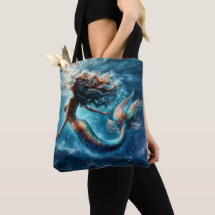 Bolsa Tote Beleza erérea da sereia aquática em azul profundo