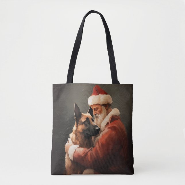 Bolsa Tote Belga Malinoi com Papai Noel Natal Festivo (Frente)