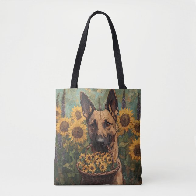 Bolsa Tote Belgian Malinois with a Basket of Sunflowers (Frente)