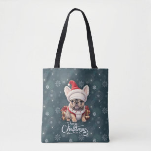 Bolsa Tote Belo Bulldog Francês Santa Hat Feliz Natal