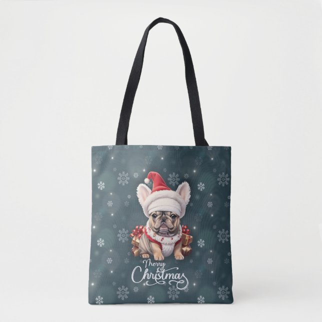 Bolsa Tote Belo Bulldog Francês Santa Hat Feliz Natal (Frente)