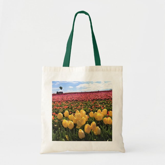 Bolsa Tote Belo Campo de Tulipas com Balão de Ar Quente, Oreg (Frente)