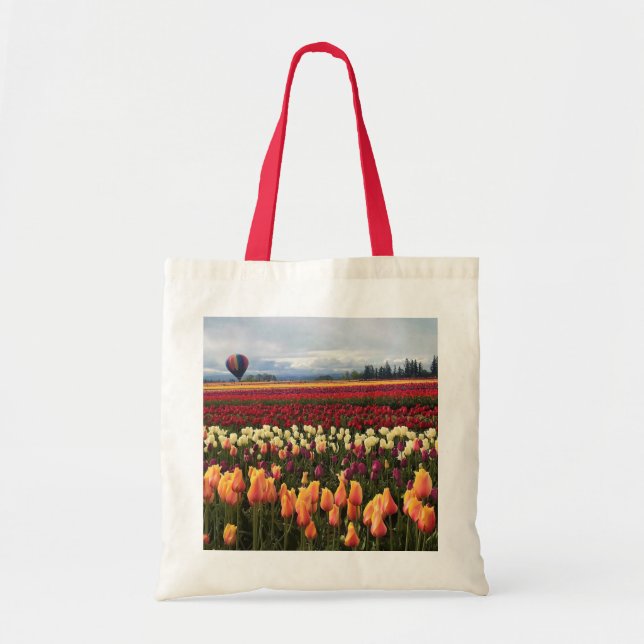 Bolsa Tote Belo Campo de Tulipas com Balão de Ar Quente, Oreg (Frente)